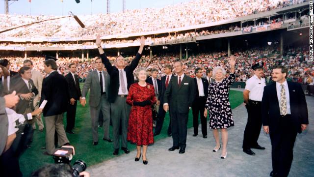 On another trip to the US in 1991, US President George Bush and first lady Barbara Bush joined the Queen and Duke of Edinburgh at baseball game in Baltimore. 