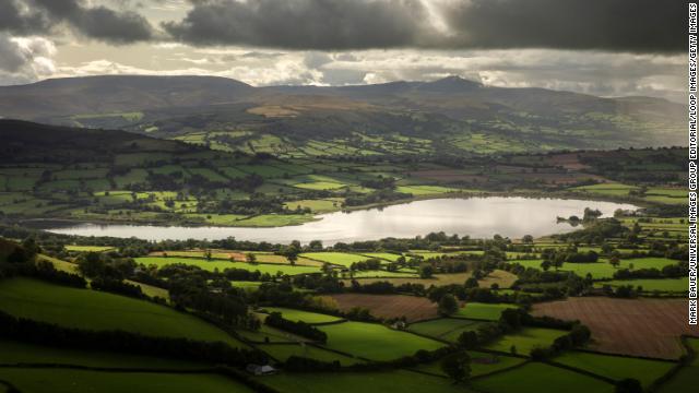 A view over the picturesque Llangorse Lake from Cockit Hill in the Brecon Beacons.