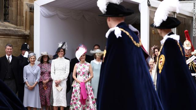 Catherine, Princess of Wales, center left, and Sophie, Duchess of Edinburgh (Centre R) watch their husbands, Prince William and Prince Edward arrive at St George's Chapel to attend the Order Of The Garter Service at Windsor Castle on Monday.