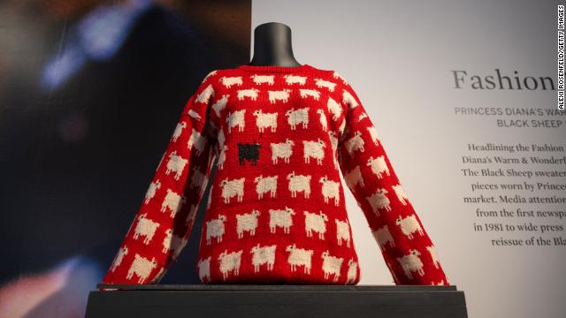 Princess Diana's Black Sheep Sweater is on display on the first day it is in New York at Sotheby's on September 07, 2023 in New York City.