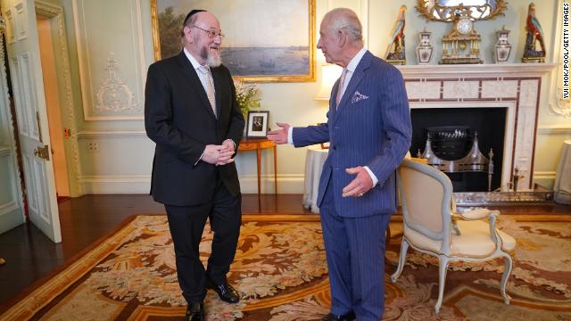 King Charles III receives Chief Rabbi Ephraim Mirvis during an audience in Buckingham Palace on October 12, 2023 in London, England.