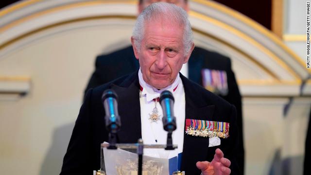 King Charles III addresses guests at a reception and dinner in honor of the Coronation at Mansion House on October 18, 2023 in London.