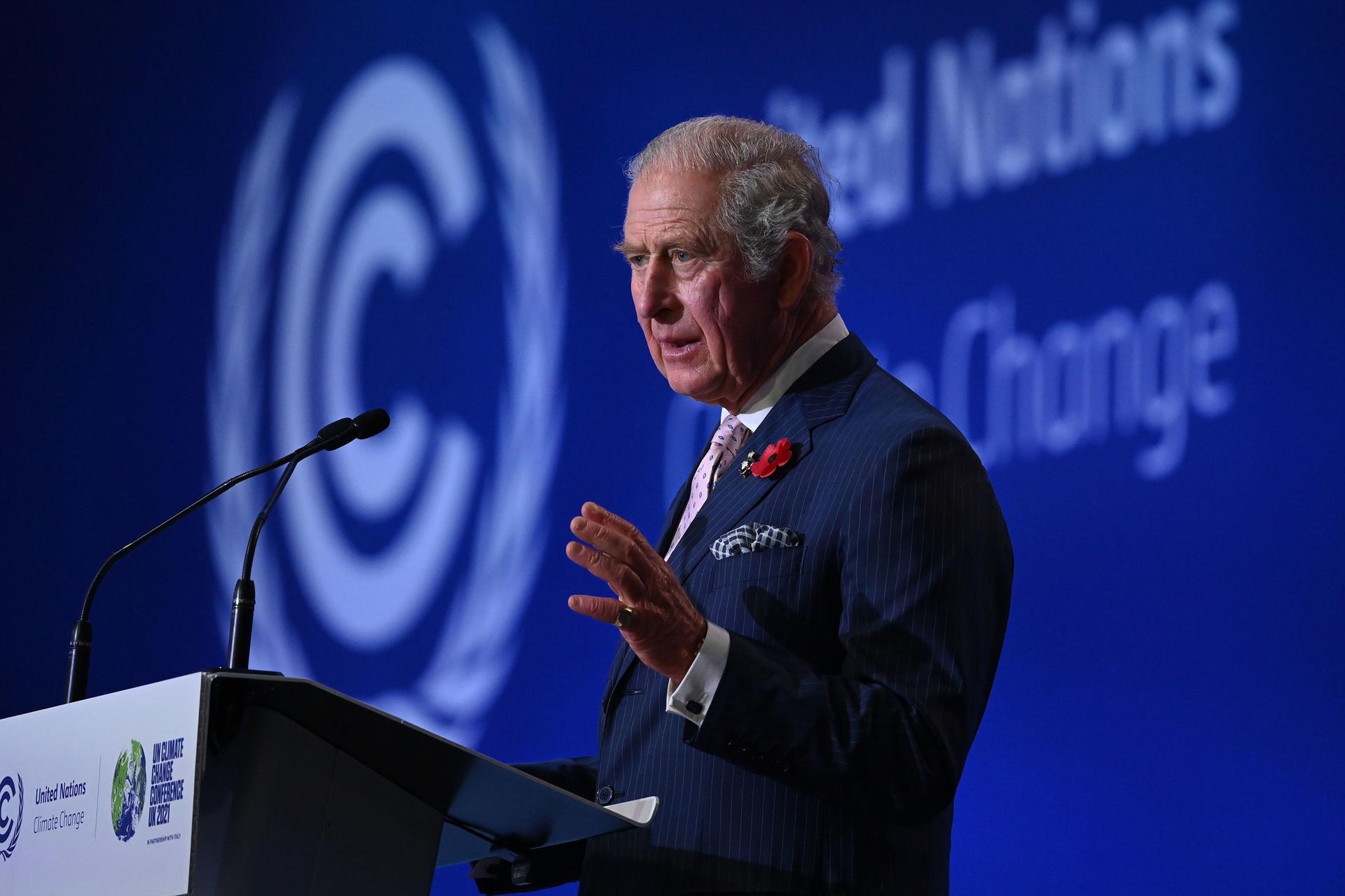 King Charles III, while still Prince of Wales, delivers the opening address at COP26 in Glasgow, Scotland in 2021.