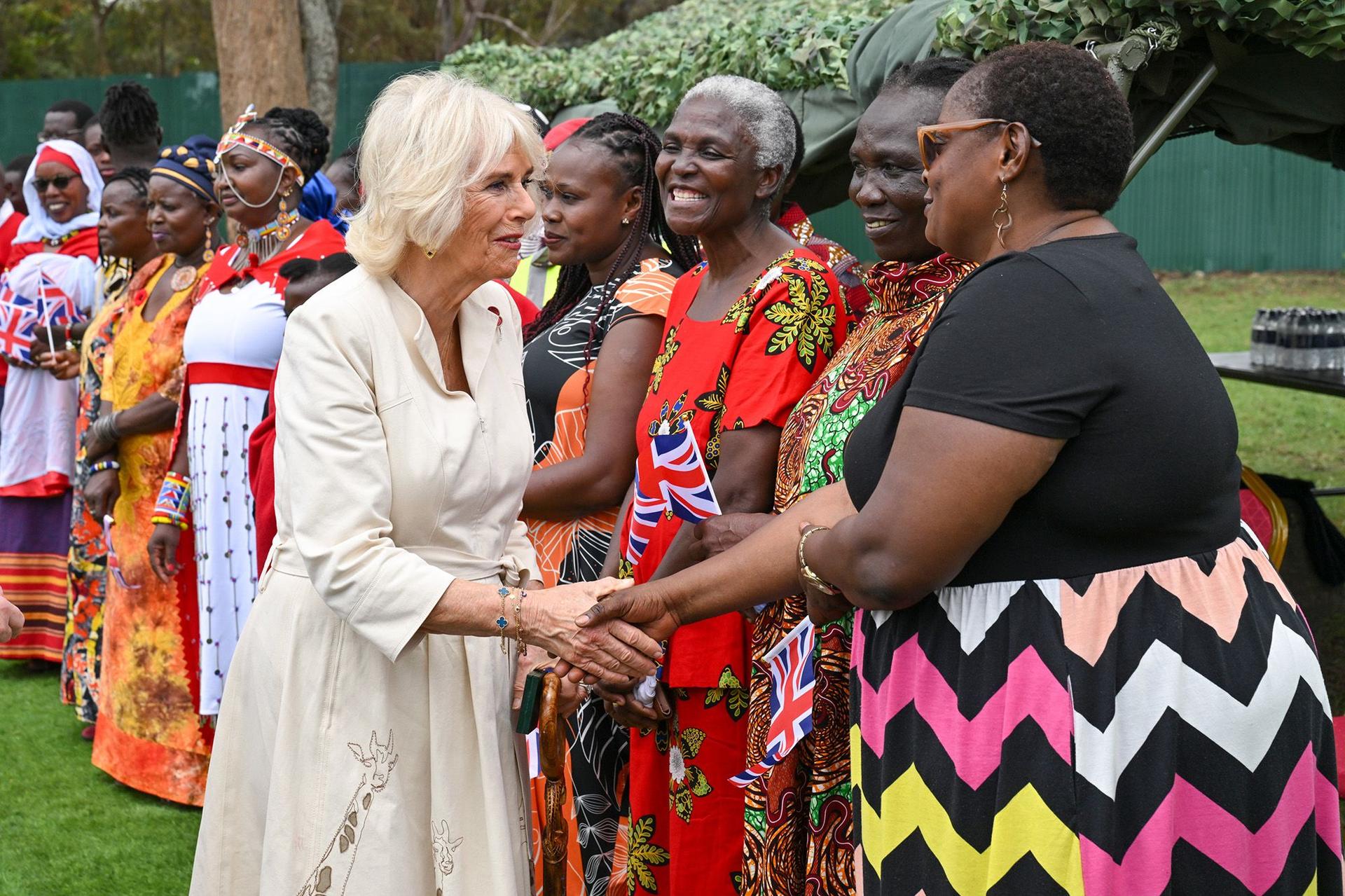 Queen Camilla during a visit to the Commonwealth War Graves Commission cemetery, where the royal couple joined British and Kenyan military personnel in an act of remembrance.