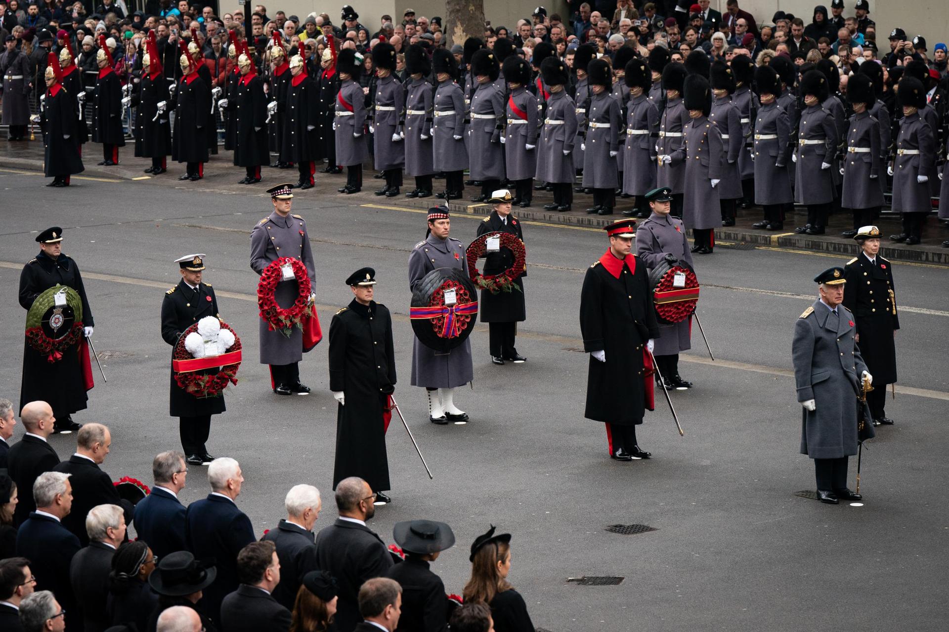 Members of the Royal Family, including King Charles III, the Prince of Wales, the Duke of Edinburgh and the Princess Royal during the Remembrance Sunday service at the Cenotaph in London. 
