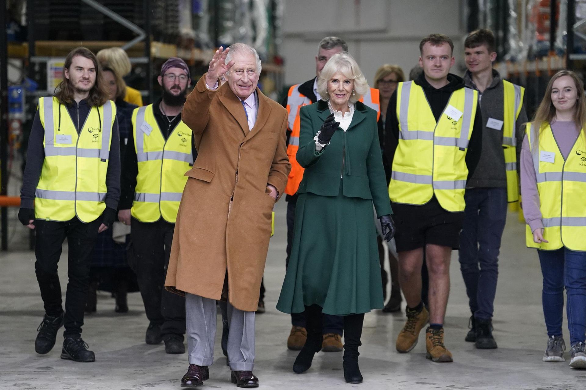 Charles III and Camilla arrive to mark the King's 75th birthday at the official launch of The Coronation Food Project, which aims to bridge the gap between food waste and food need across all four nations of the United Kingdom, at a surplus food distribution centre in Didcot, Oxfordshire. 