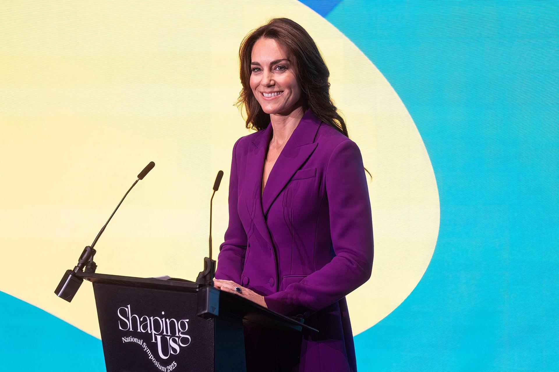 Kate delivers a keynote speech during the ''Shaping Us'' National Symposium at The Design Museum, in London, on November 15, 2023.