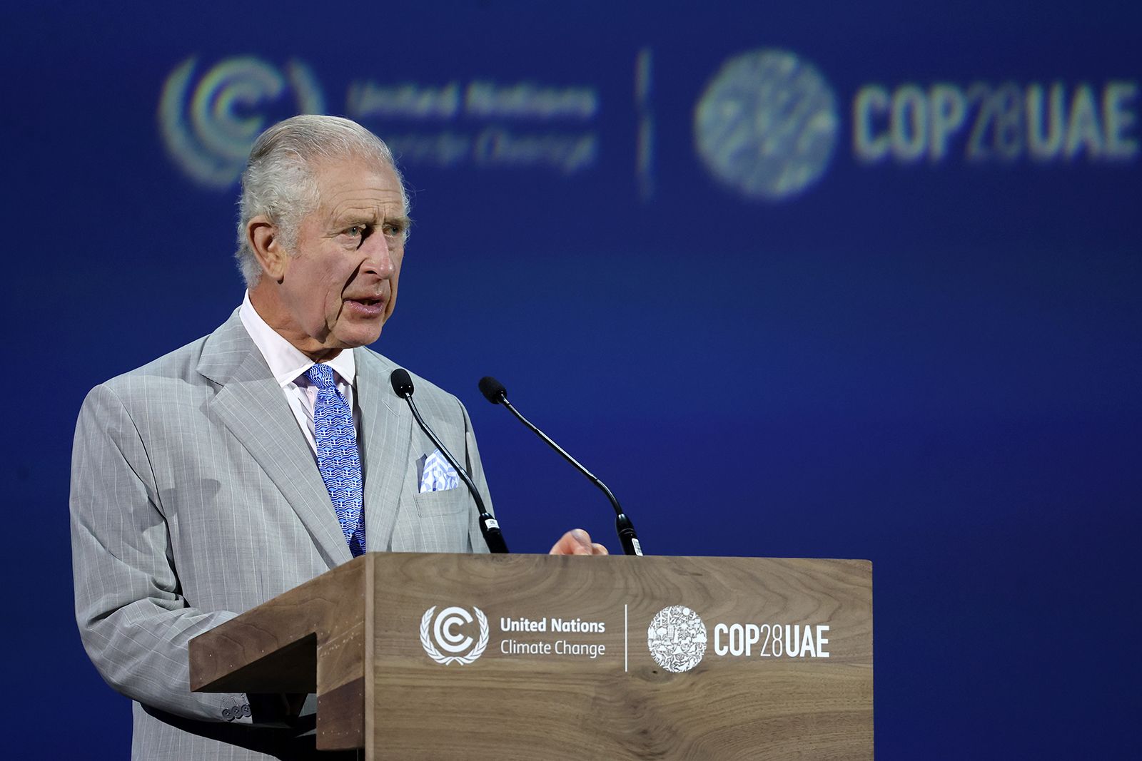 King Charles III delivering an address at the opening ceremony of the World Climate Action Summit during COP28 on December 1, 2023 in Dubai, United Arab Emirates.