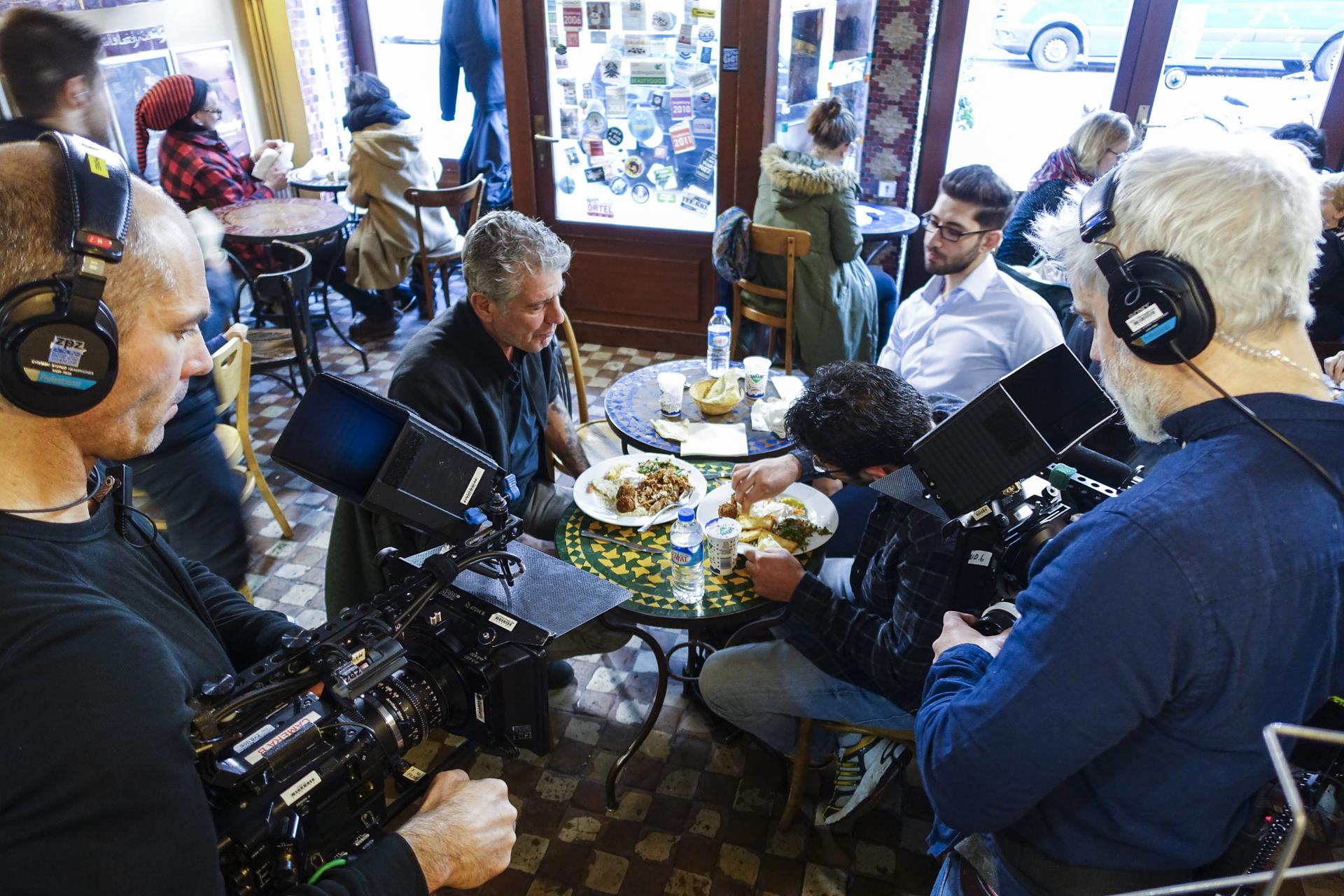 The Parts Unknown crew films Anthony Bourdain with Sakher Al Mohamad and Hani Zaitoun at Habibi Köln in Cologne, Germany.