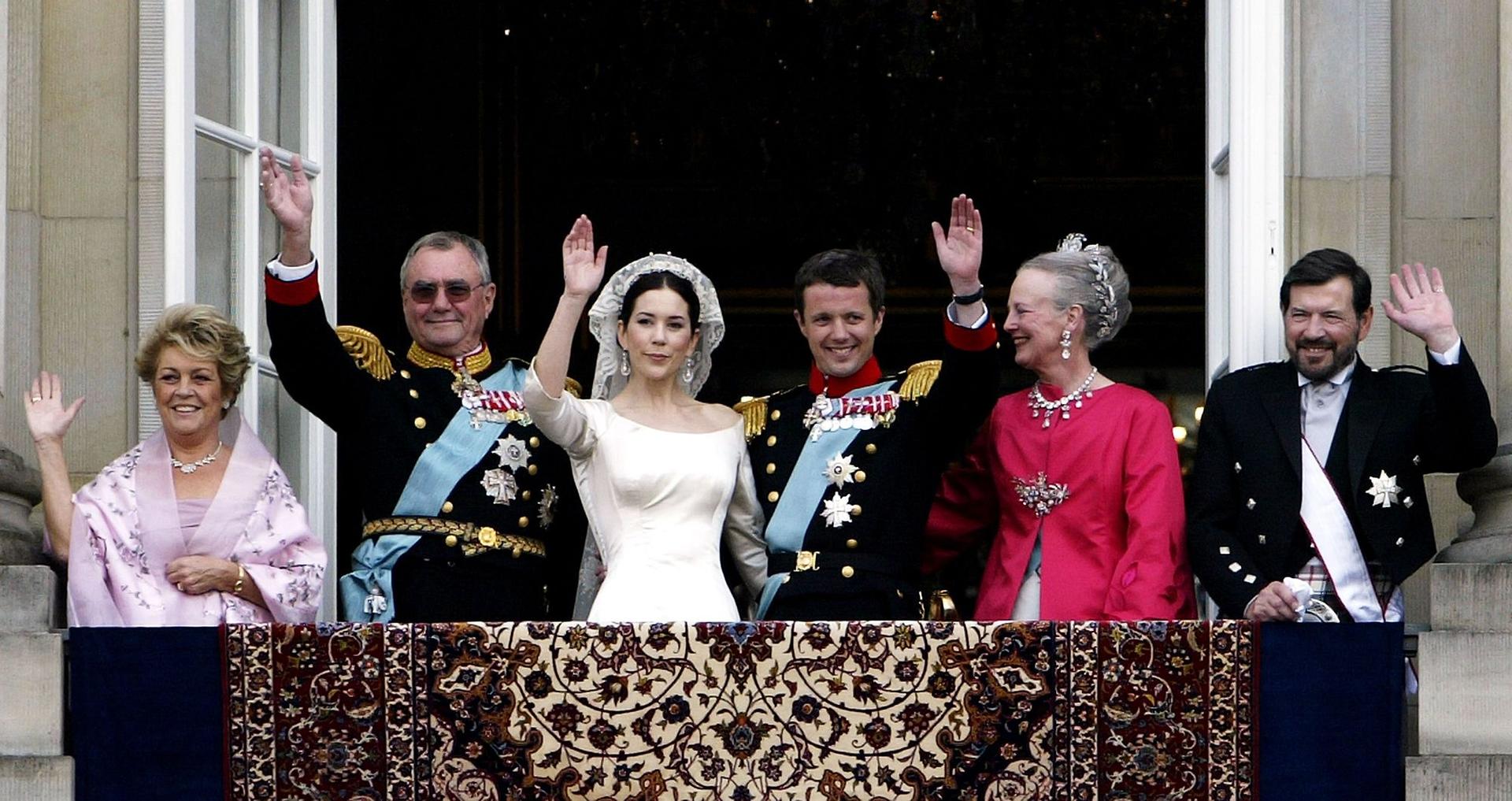 Frederik and Mary made an appearance on the balcony of Christian VII's Palace following their wedding in 2004. The couple were joined by the Queen and her late husband, Prince Henrik, as well as the crown princess’ father John Donaldson and his wife Susan Moody.