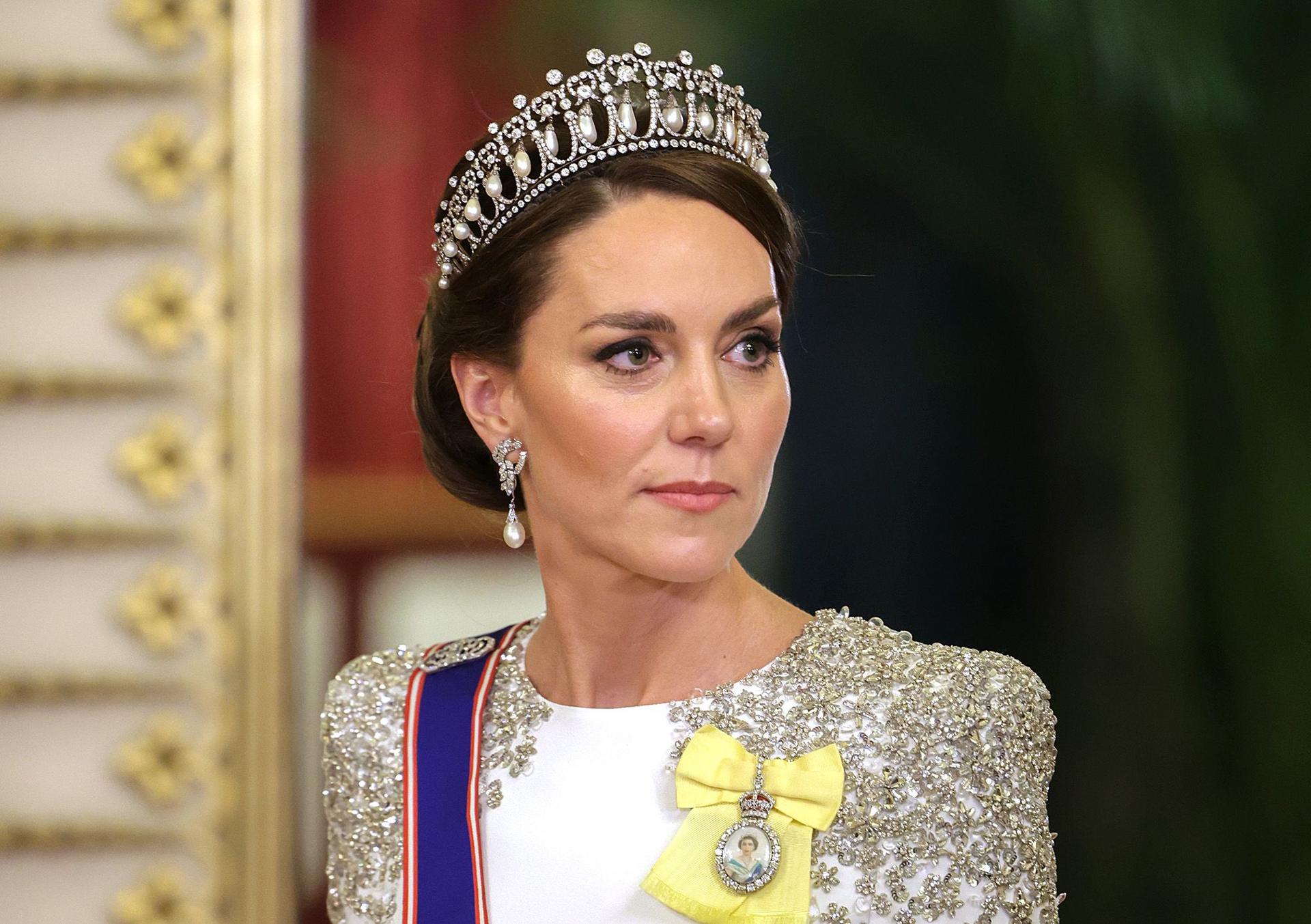 The Princess of Wales, pictured at a state banquet in November 2022, is expected to remain in hospital for up to two weeks.