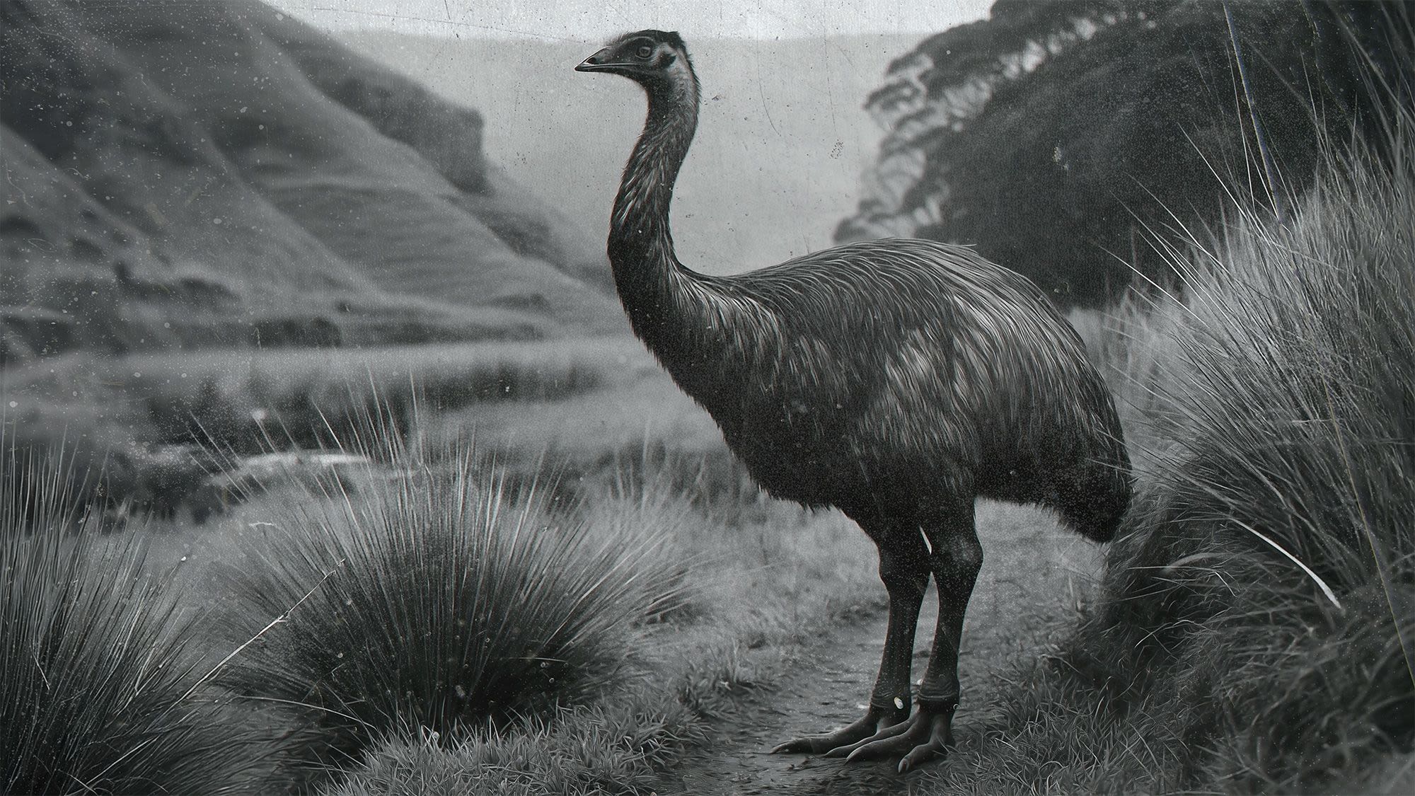 A grayscale drawing of what a moa species may have looked like.