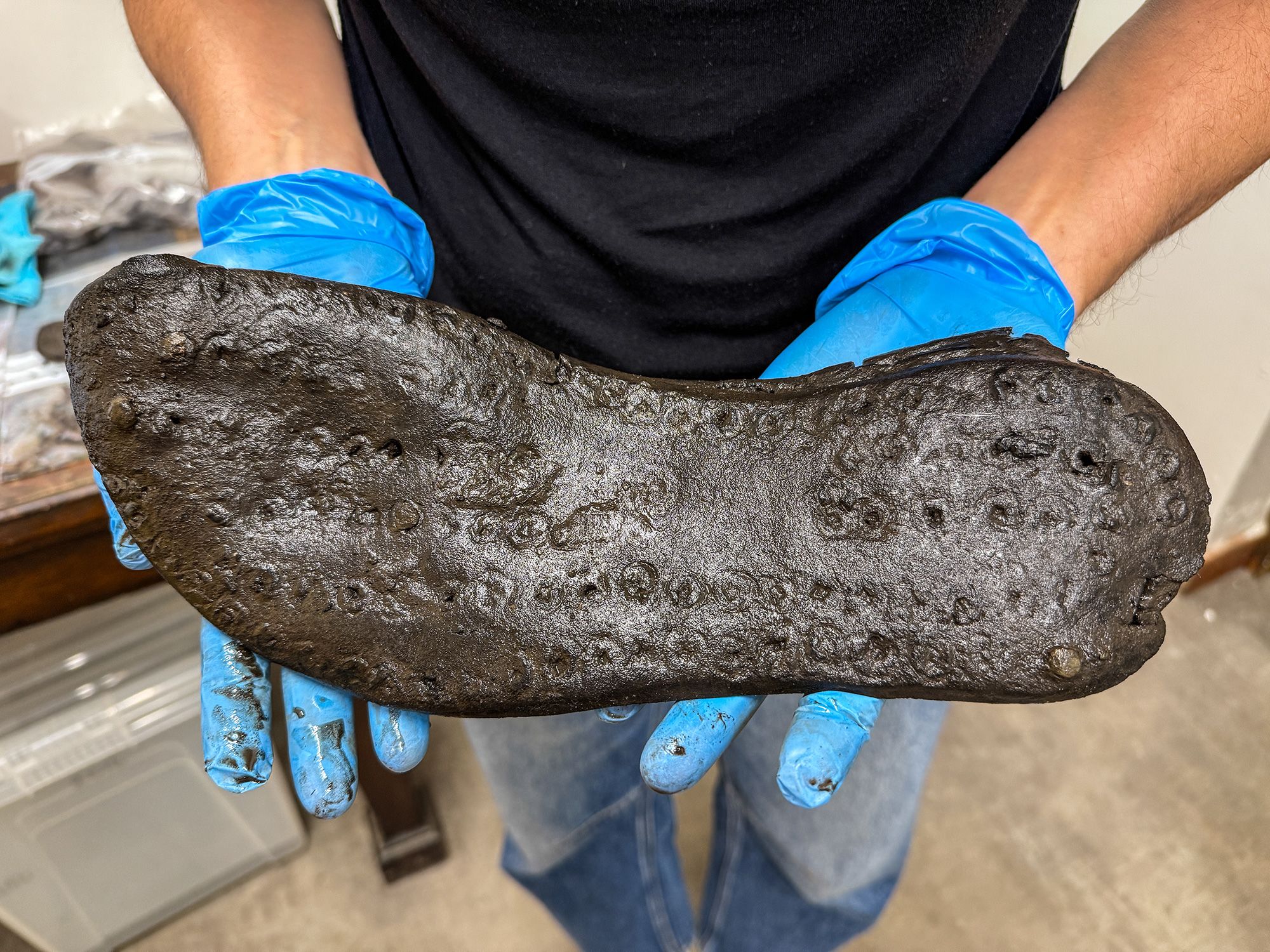 The largest leather sole found at the Magna Fort spans about 12.8 inches (32.6 cm) in length. 