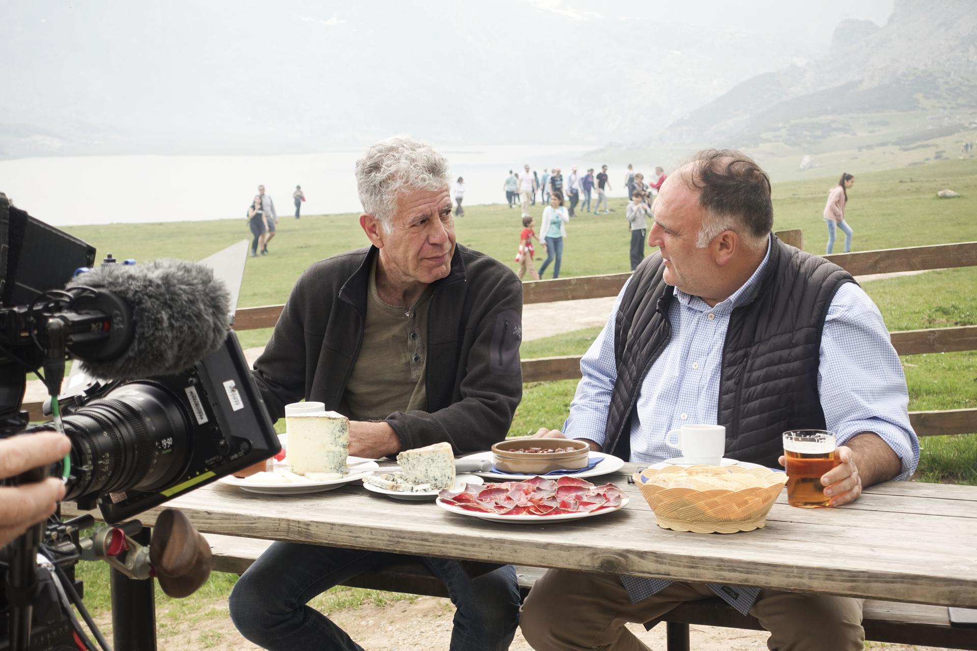 Anthony Bourdain shooting for Parts Unknown in Asturias, Spain, in  2015.