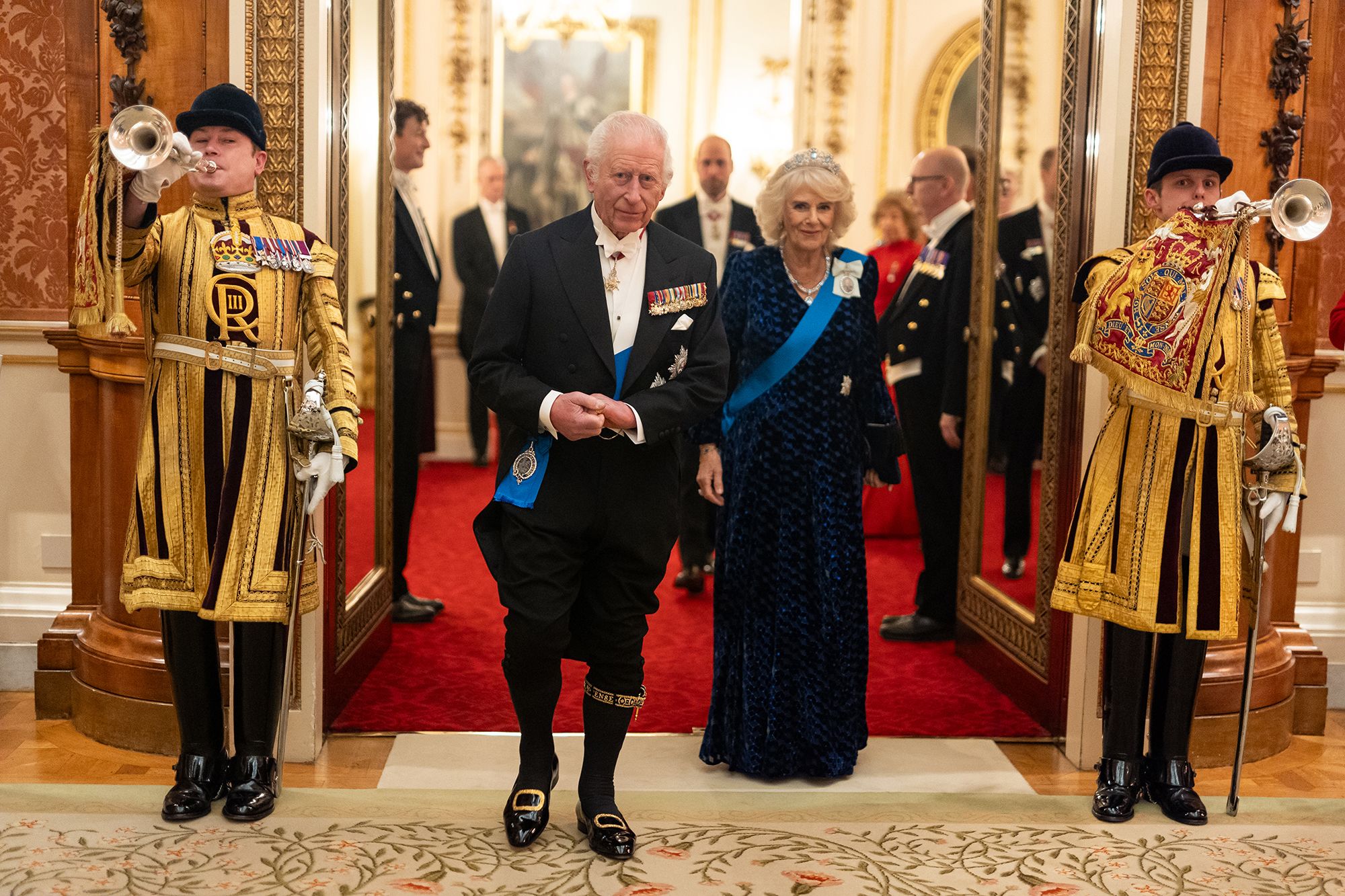 King Charles and Queen Camilla arrive to the Diplomatic Corps reception at Buckingham Palace