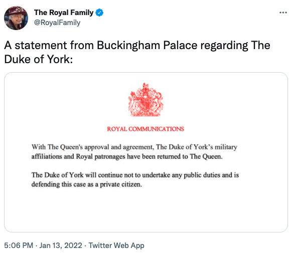 Palace statement on the Duke of York