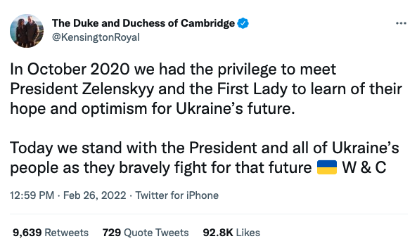 The Cambridges tweet their solidarity for Ukraine.