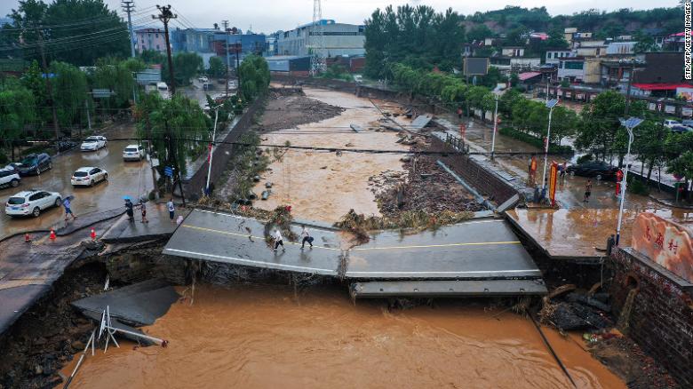 A damaged bridge following heavy rains which caused severe flooding in Gongyi in China's central Henan province