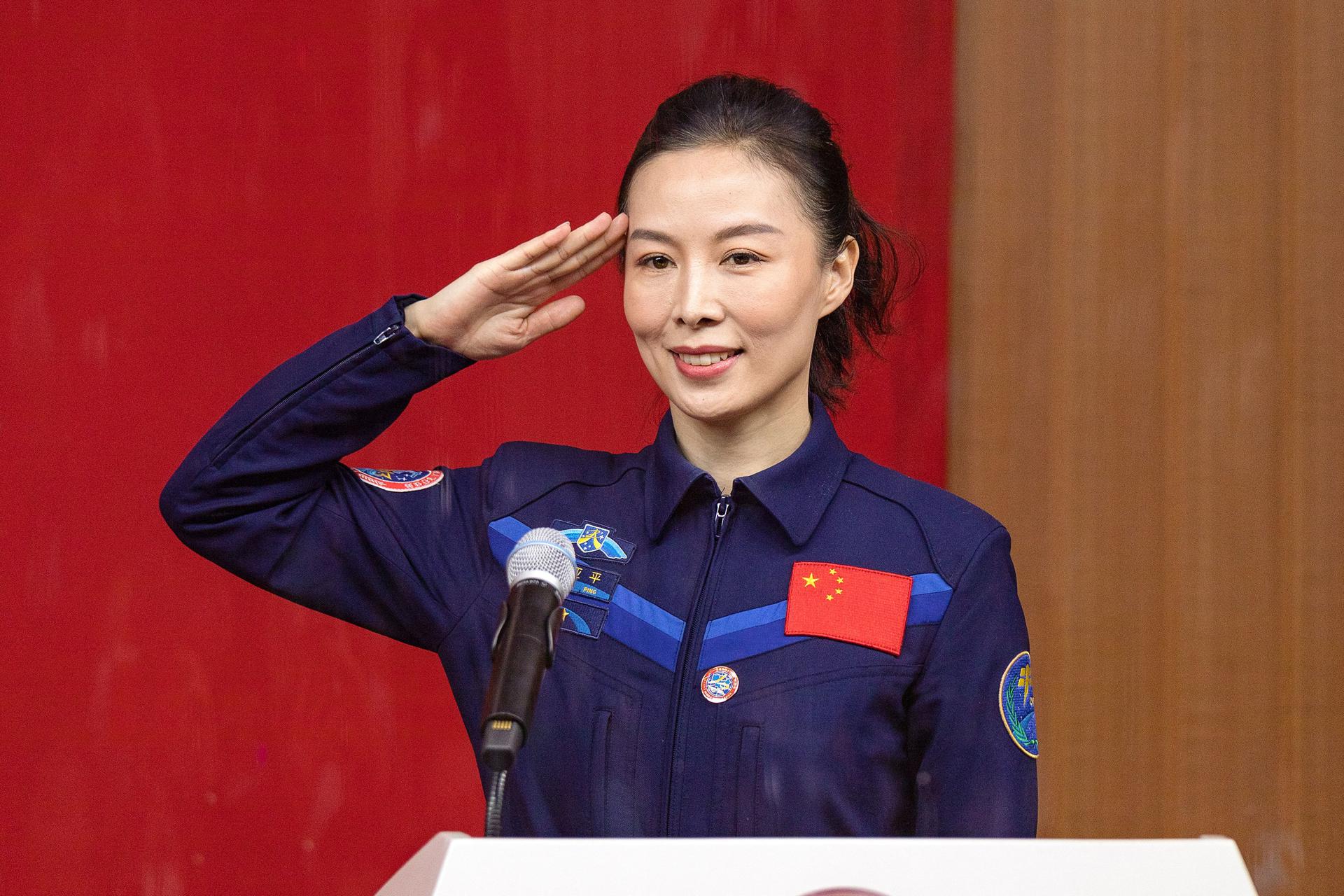 Chinese astronaut Wang Yaping at a news briefing the day before the Shenzhou-12 launch, on October 14 at the Chinese launch center in the Gobi desert.