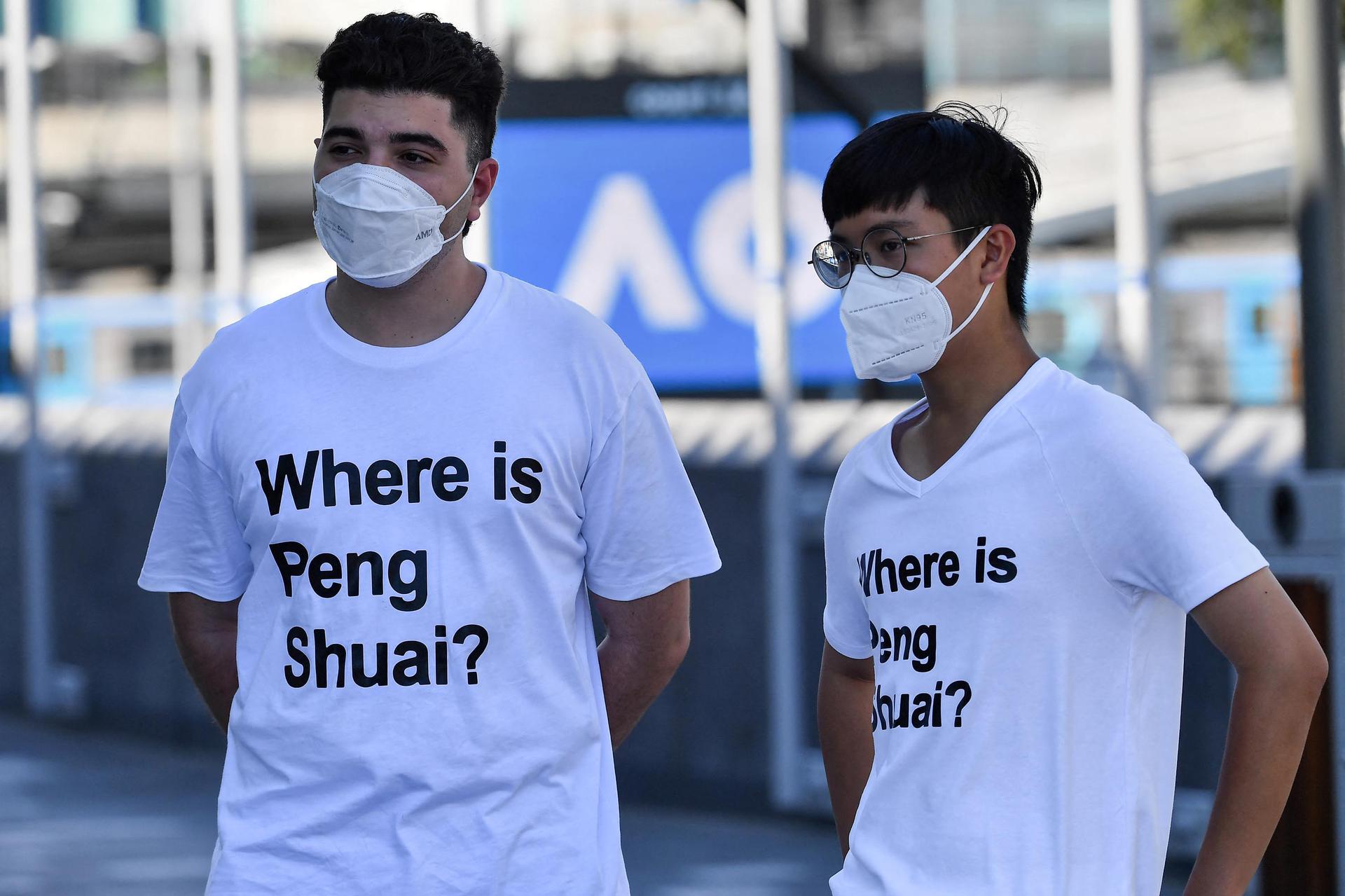 Protesters wearing T-shirts that read ''Where is Peng Shuai?'' at the Australian Open in Melbourne.