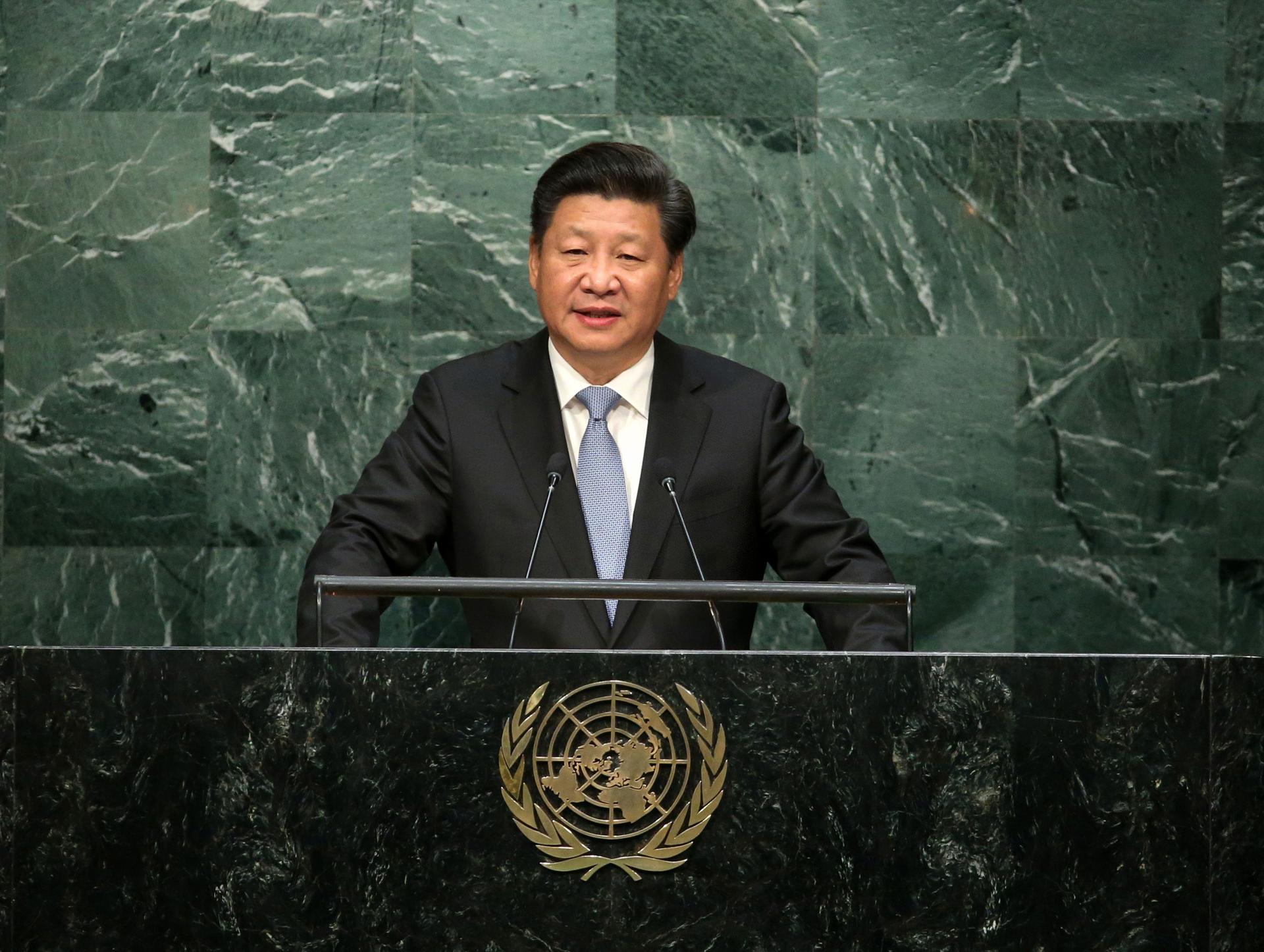 Chinese President Xi Jinping addresses the United Nations General Assembly at the UN headquarters in New York on September 28, 2015.