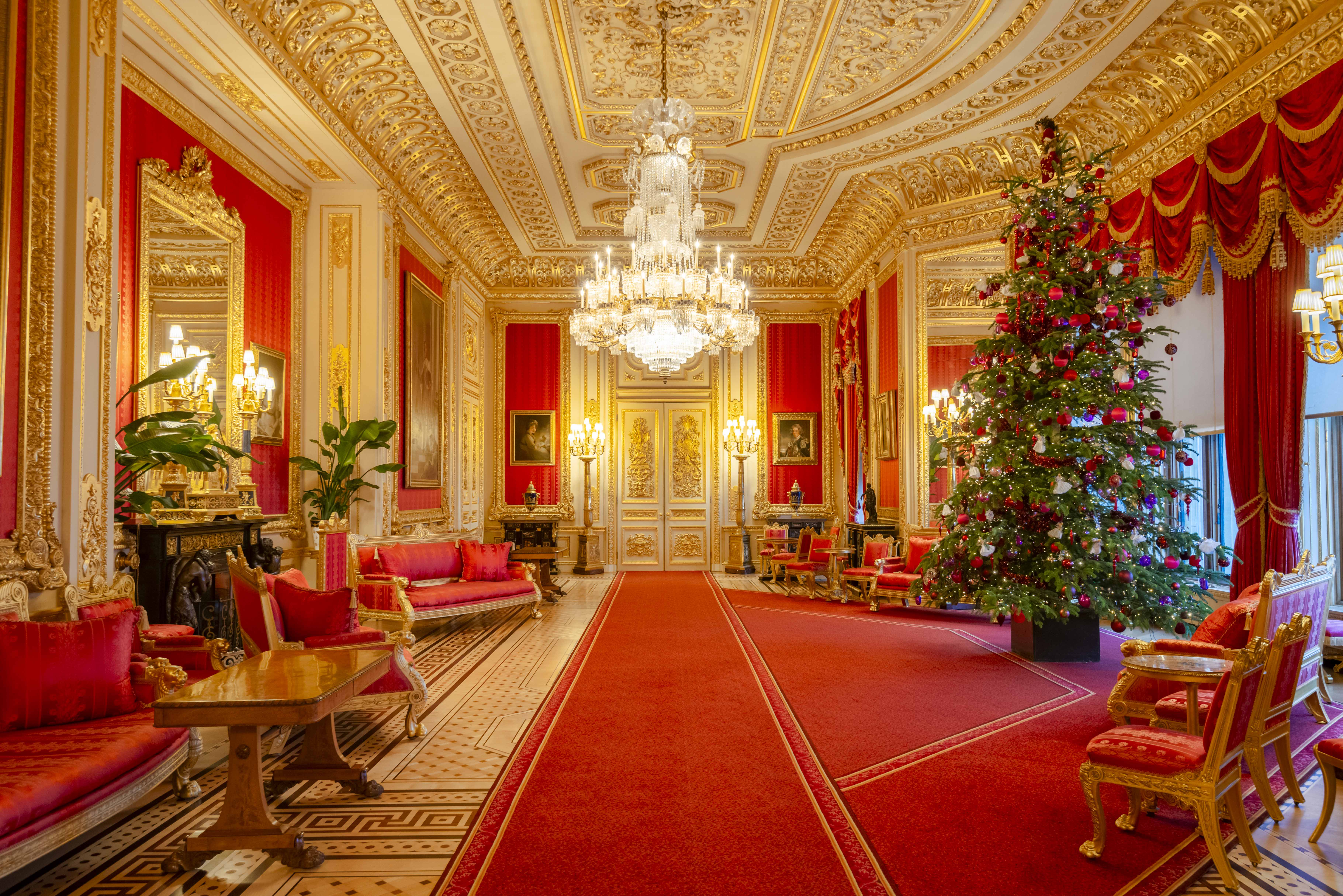 A lavishly decorated Christmas tree in the Crimson Drawing Room in Windsor Castle