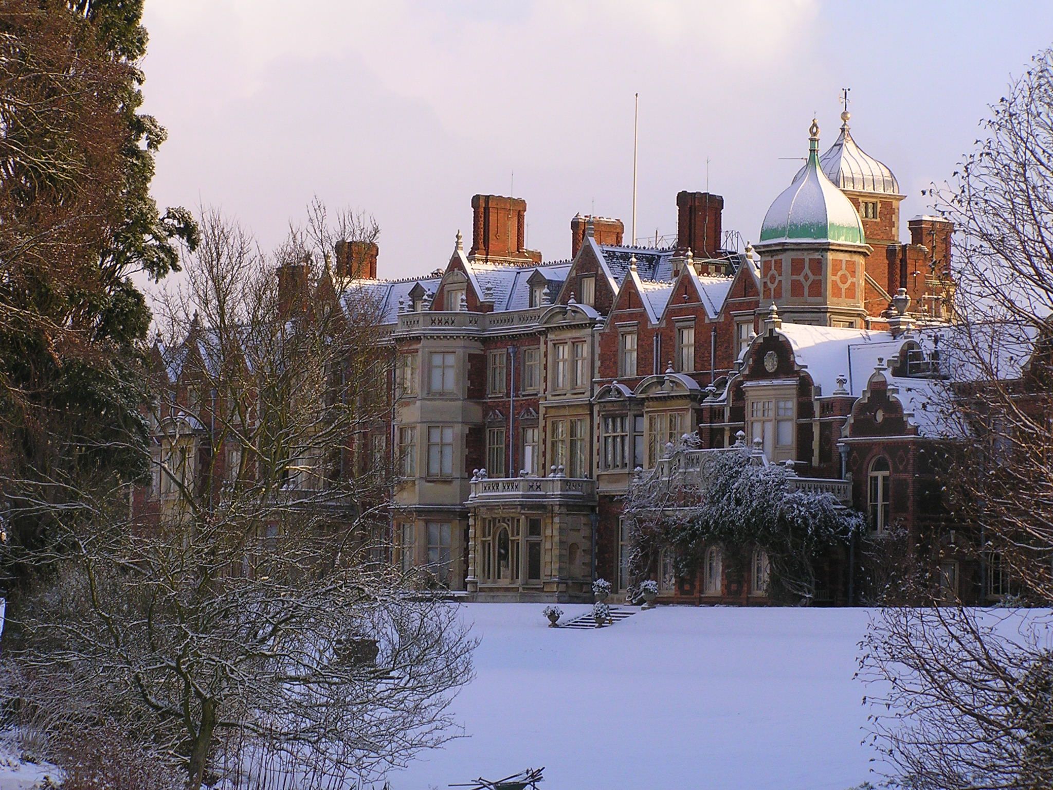 Sandringham House, Sandringham Estate, in Norfolk; King Charles and Queen Camilla's private retreat seen under a blanket of snow