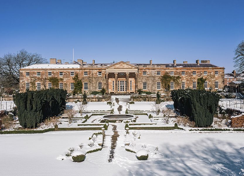 Snow-covered exterior aerial shot of Hillsborough Castle