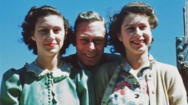 King George VI poses with his daughters, Princess Elizabeth and  Princess Margaret in 1947.