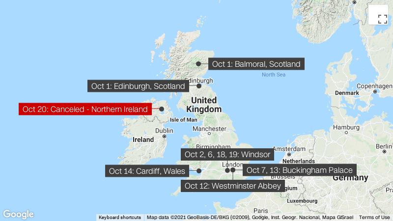 Map of the Queen's movements in the UK in October 2021.