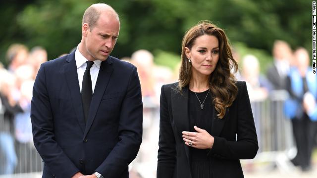 The Prince and Princess of Wales viewing floral tributes to the Queen at Sandringham