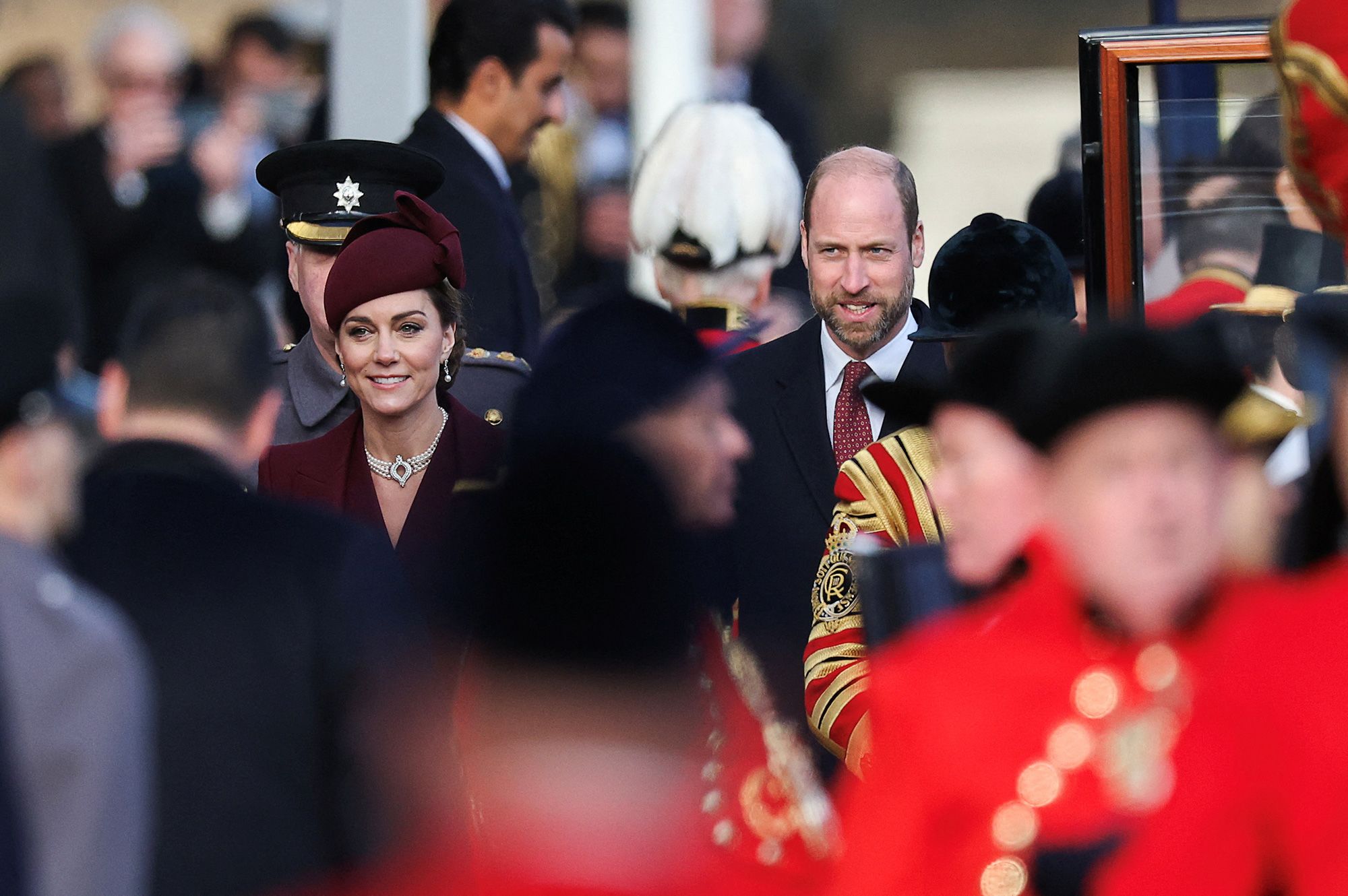 Catherine, Princess of Wales smiles as she attends the Ceremonial Welcome for the Emir of Qatar on day one of his state visit to the United Kingdom.