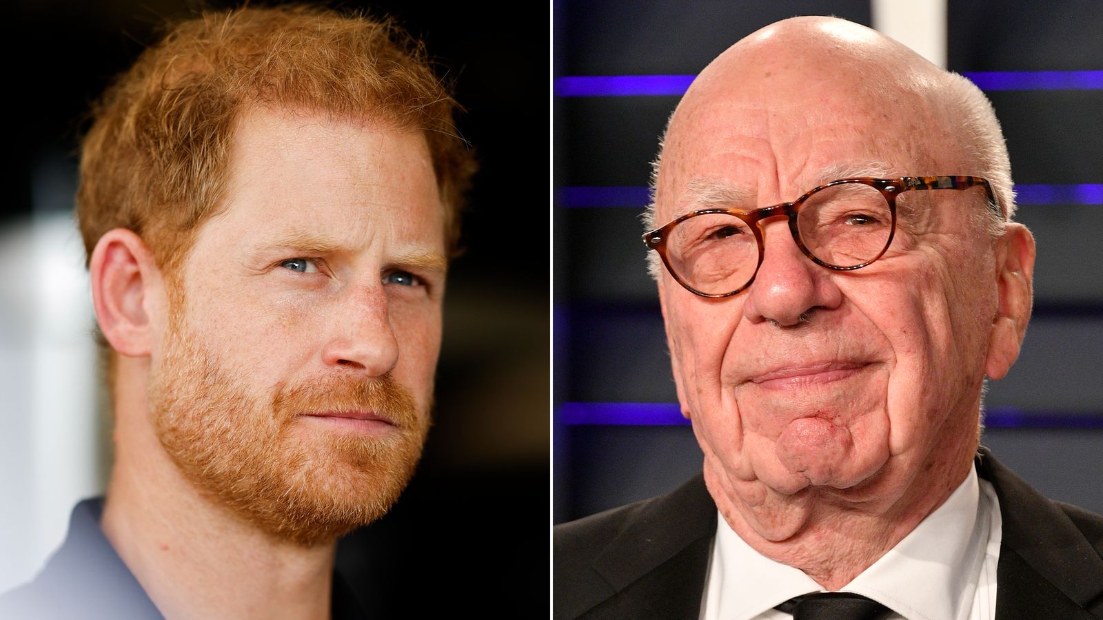 Two photos side by side, one of Prince Harry and the other of Rupert Murdoch