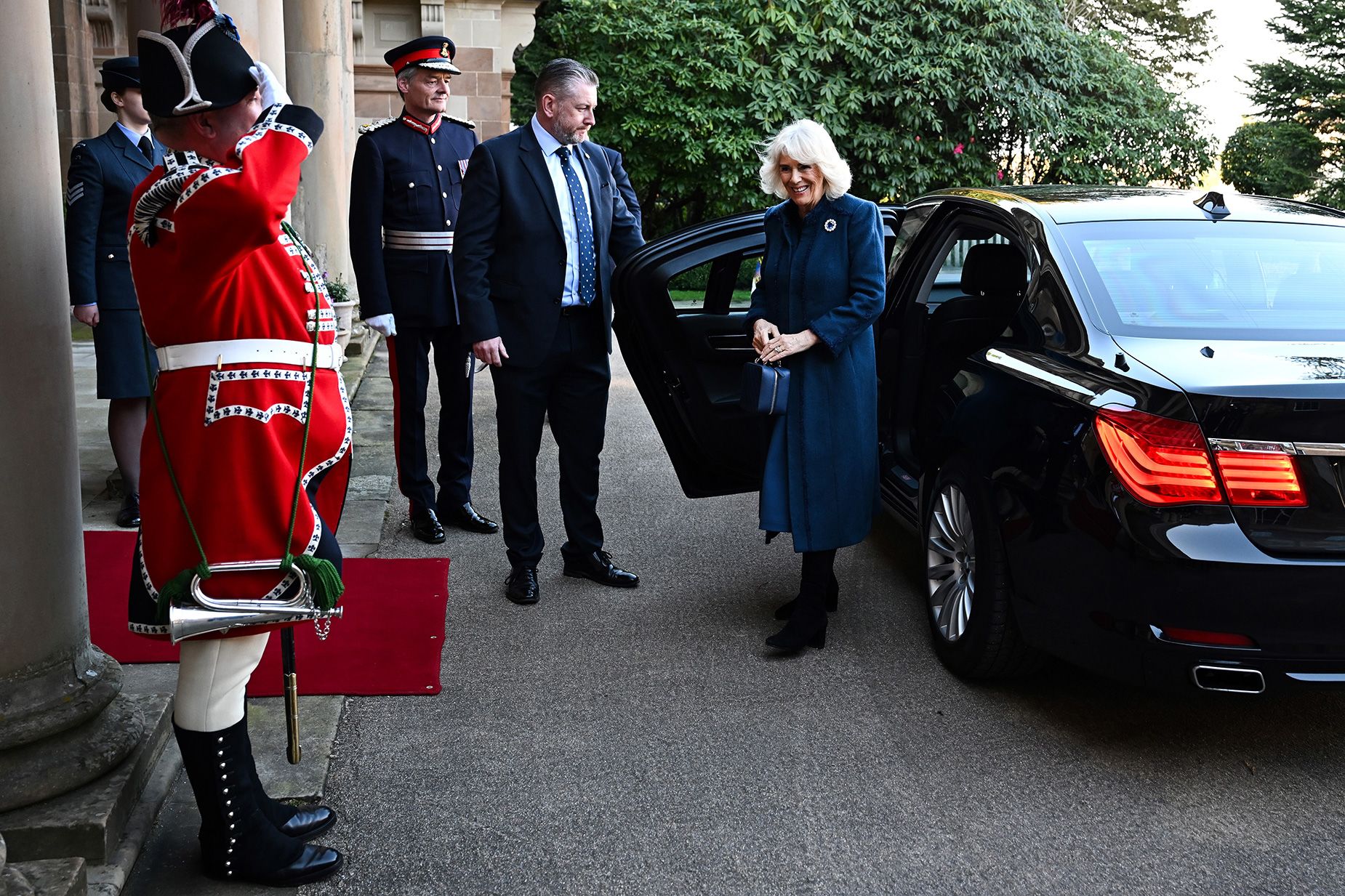 Britain's Queen Camilla arriving at Hillsborough Castle in Belfast, Northern Ireland.