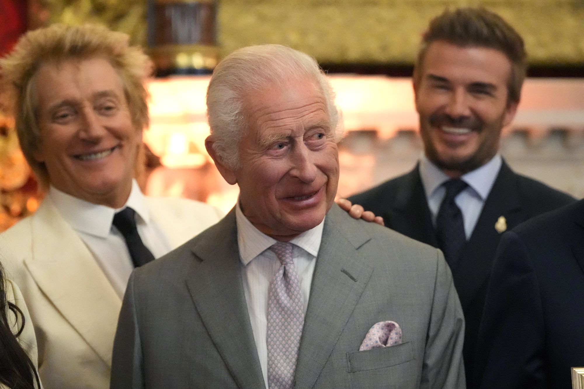 Photo of King Charles with British pop icon Rod Stewar and former footballer David Beckham