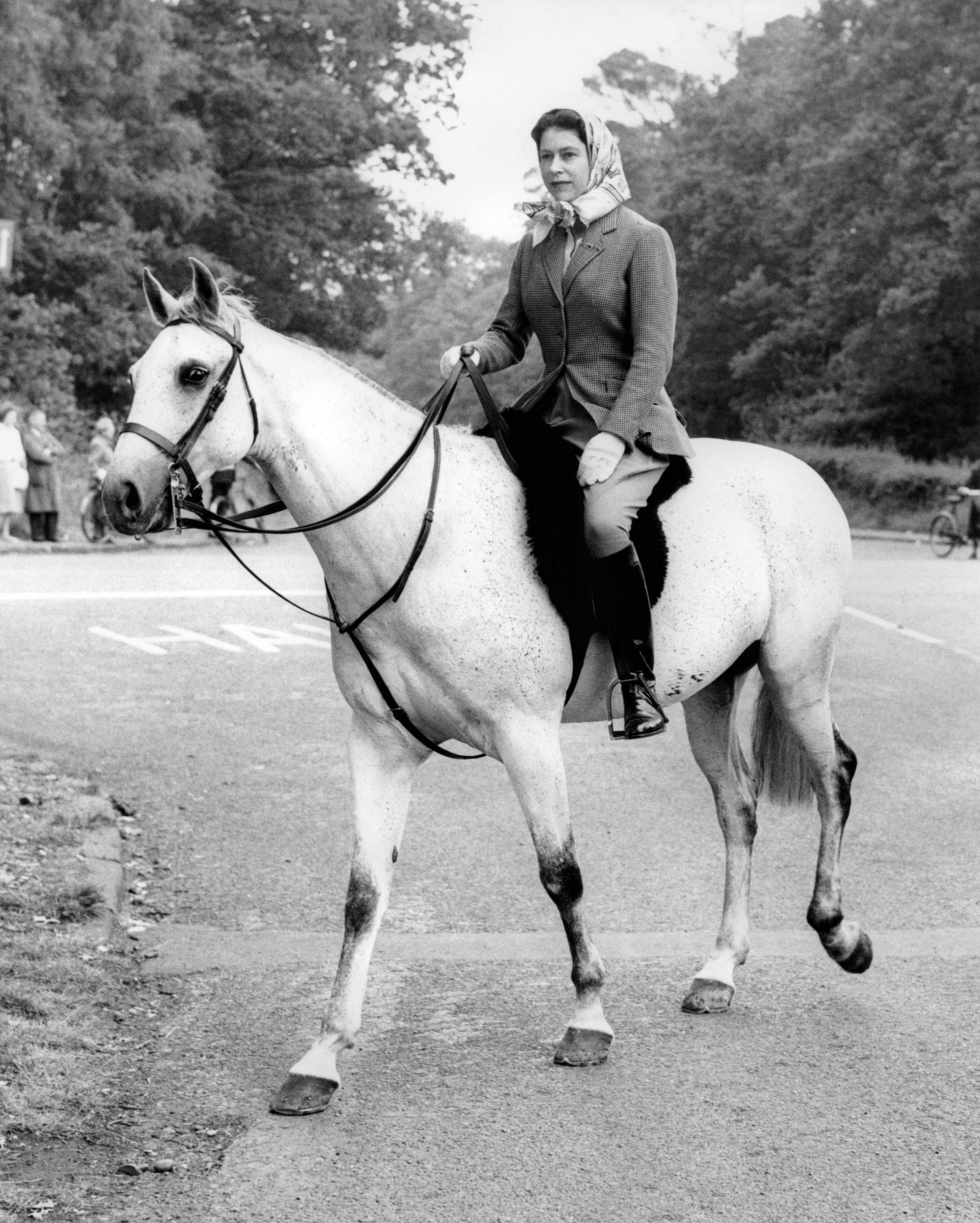 A young Queen Elizabeth II sits on a horse