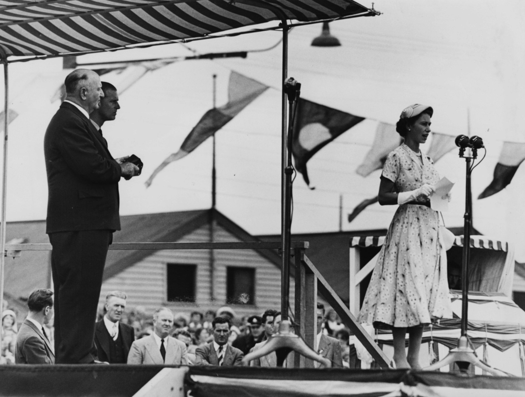 Queen Elizabeth giving a speech in 1954