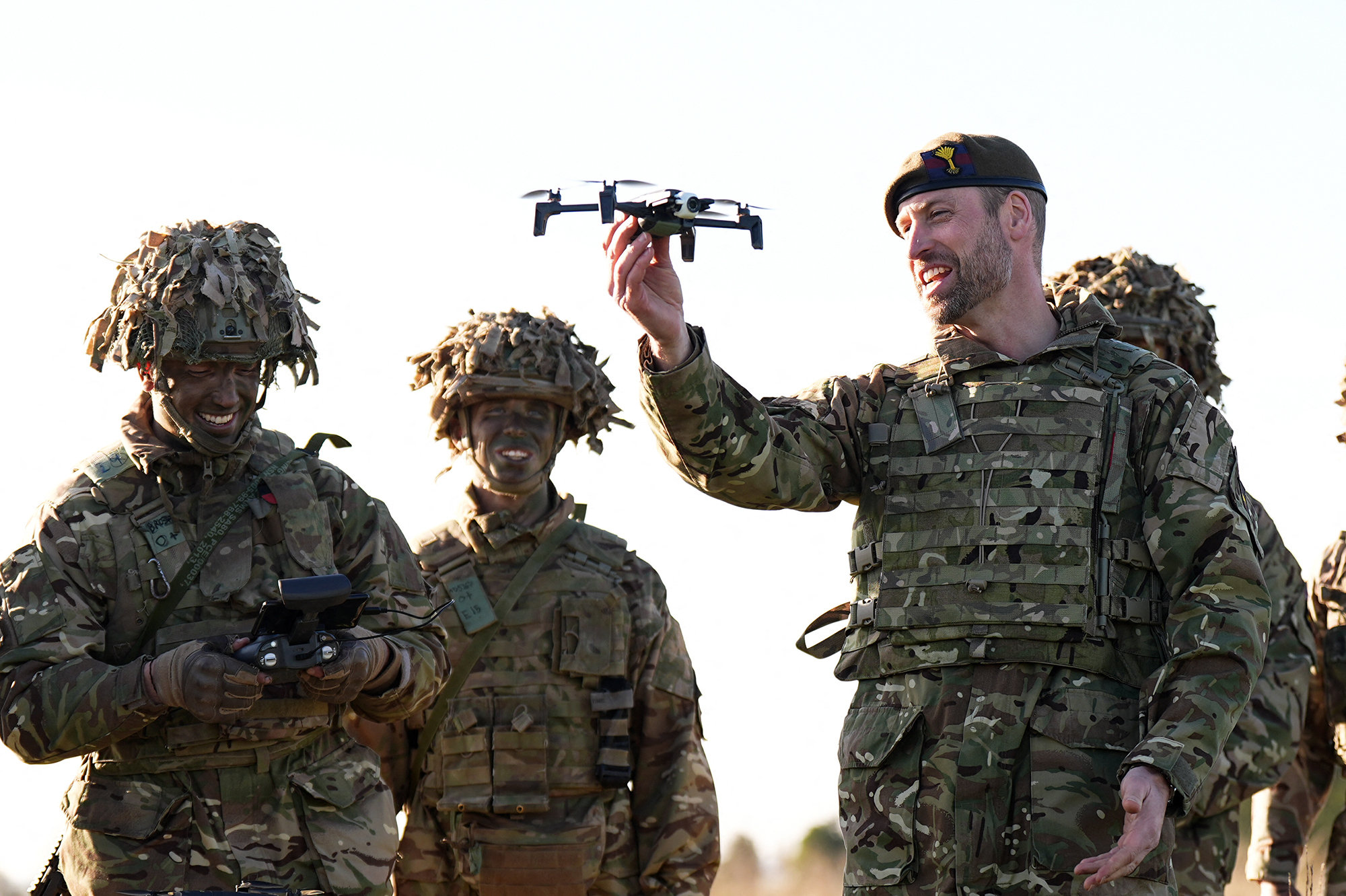 Prince William, covered head-to-toe in camouflage gear, testing out his drone flying skills  during a visit to Salisbury Plain in Wiltshire, southwest England on Tuesday November 26th 2024.