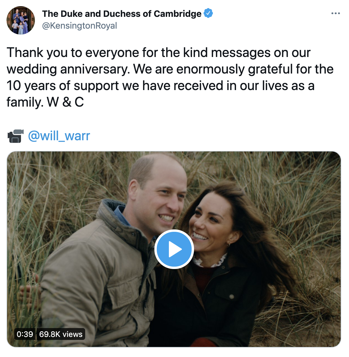 William and Kate thanks supporters for the messages they sent as they celebrated their 10th wedding anniversary.