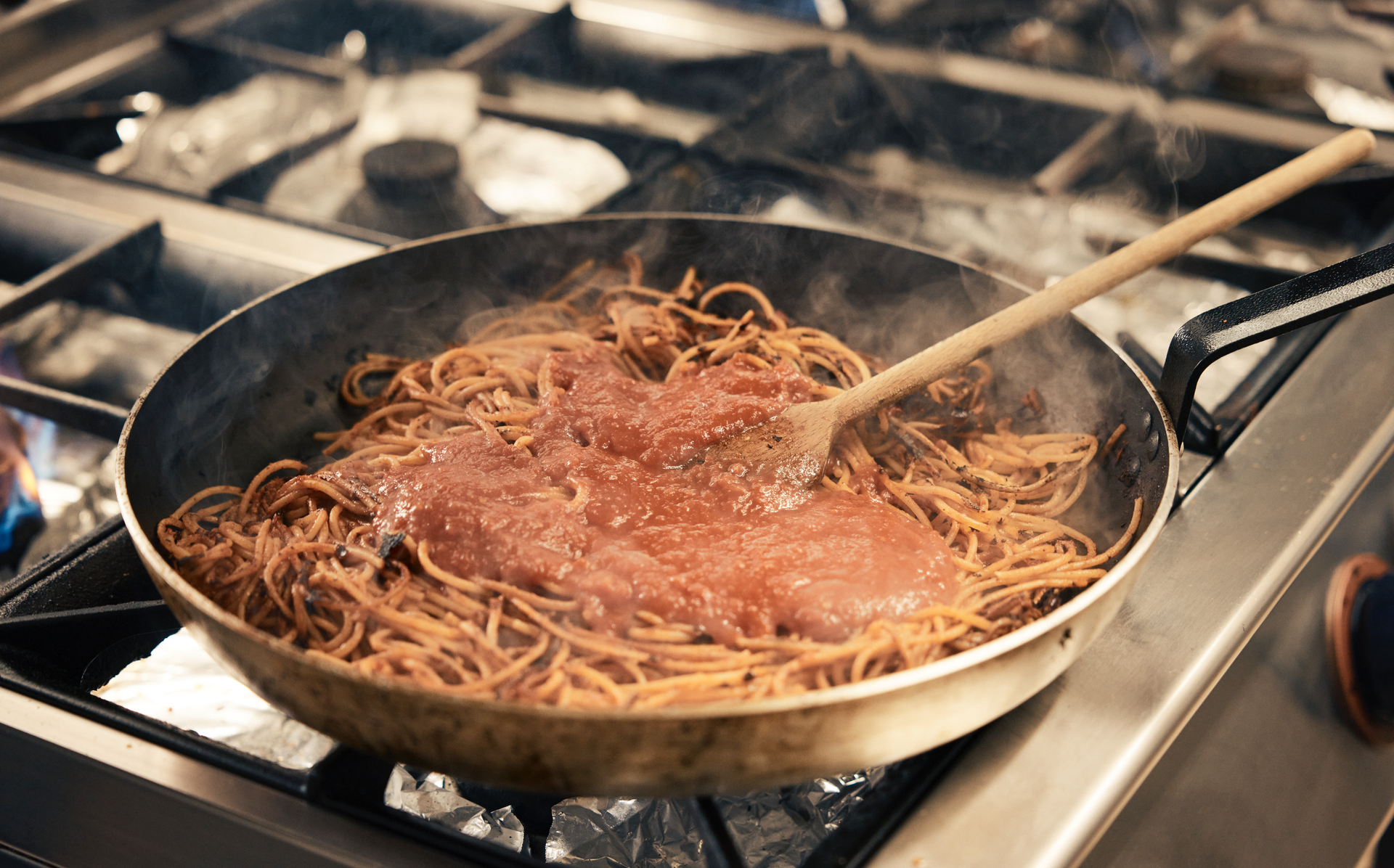 This spicy dish delivers explosive heat. To start, chef Celso Laforgia drops the raw pasta into a pan with oil and aromatics — but not a drop of water. ''Honestly, I've never seen anything like that before,'' Tucci said. 