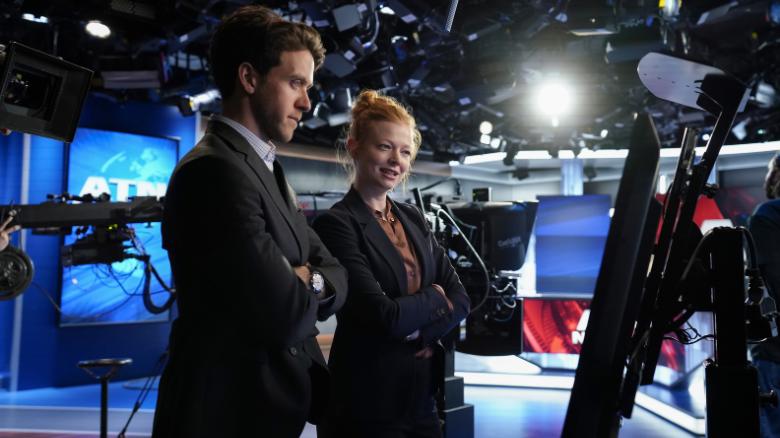 Ashley Zukerman and Sarah Snook on the set of ATN in ''Succession.''