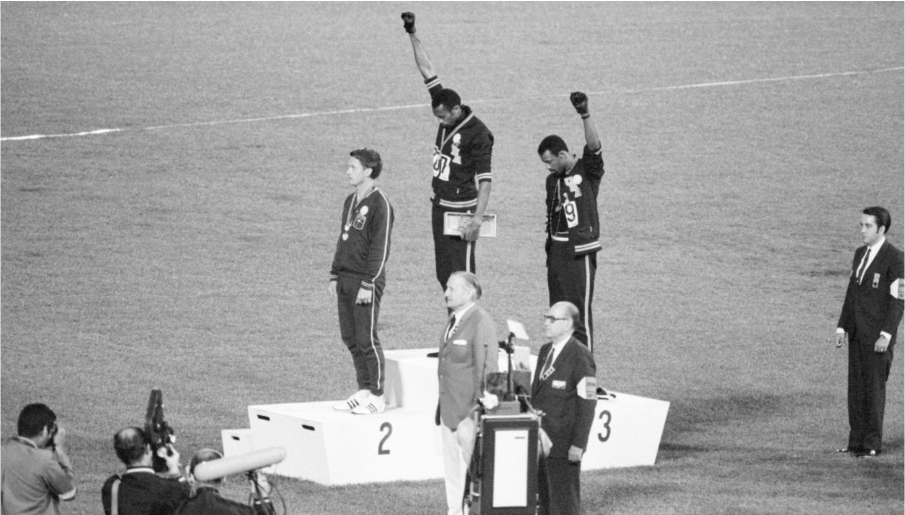 Tommie Smith and John Carlos protest during the 1968 Olympic Games against unfair treatment of Black people in the US.
