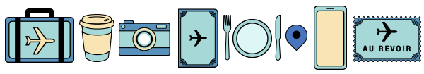 Travel icons: Luggage, Coffee cup, Camera, Passport, Table place setting, Map marker, Smartphone, Stamp