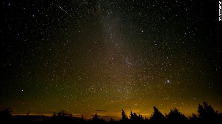 A meteor streaks across the sky during the Perseid meteor shower in August 2016 in West Virginia. 