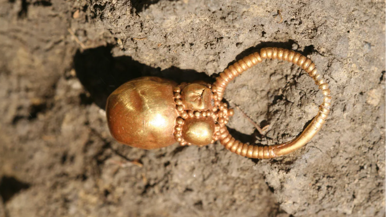 A gold earring was found in a seventh century grave of an Avar man in Hungary.