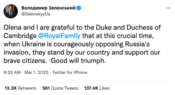 The Ukrainian President expresses his gratitude to the Cambridges on Twitter for their support. 