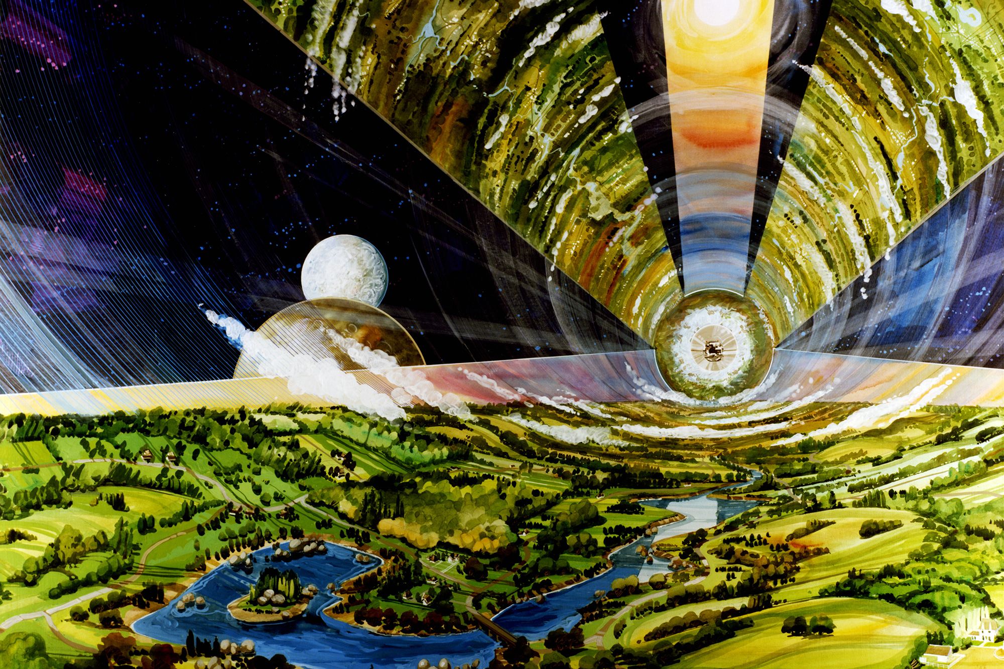 This artist's concept depicts a massive orbital space station called an O’Neill colony.