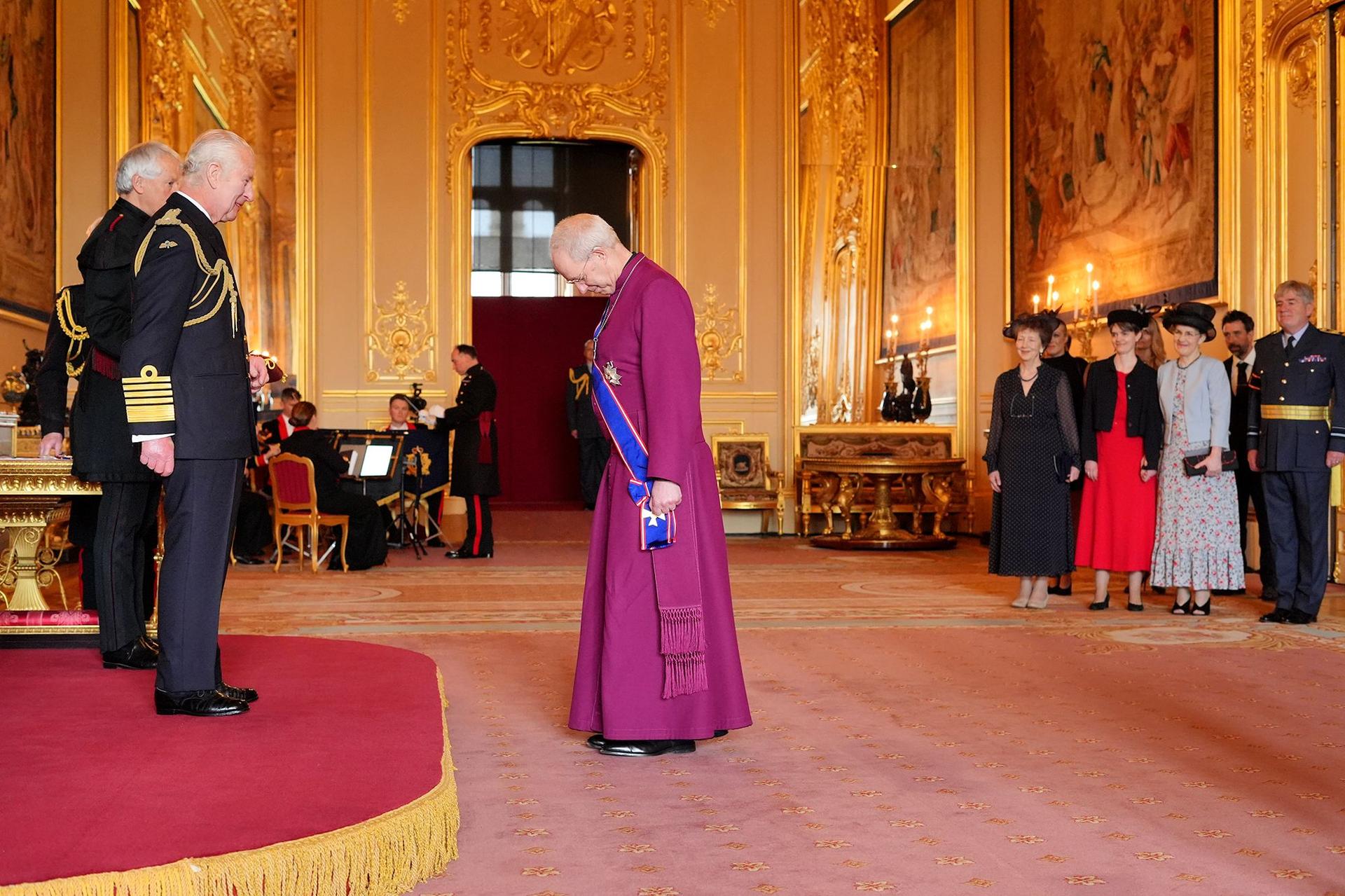 The Most Reverend and Right Honourable Justin Welby, from London, Archbishop of Canterbury, is made a Knight Grand Cross of the Royal Victorian Order by King Charles III at Windsor Castle. 