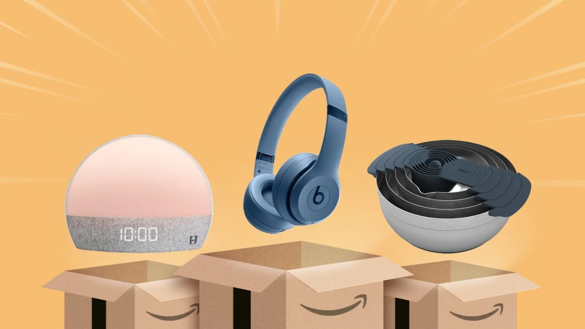Variety of items floating above Amazon boxes