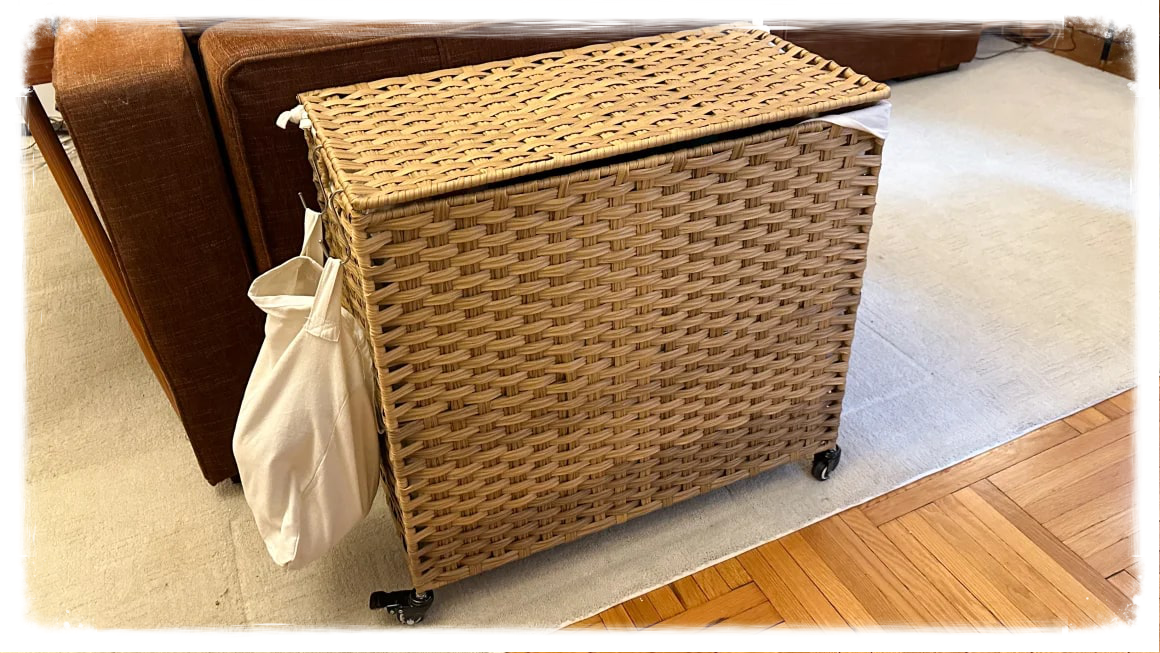 Tan wicker hamper